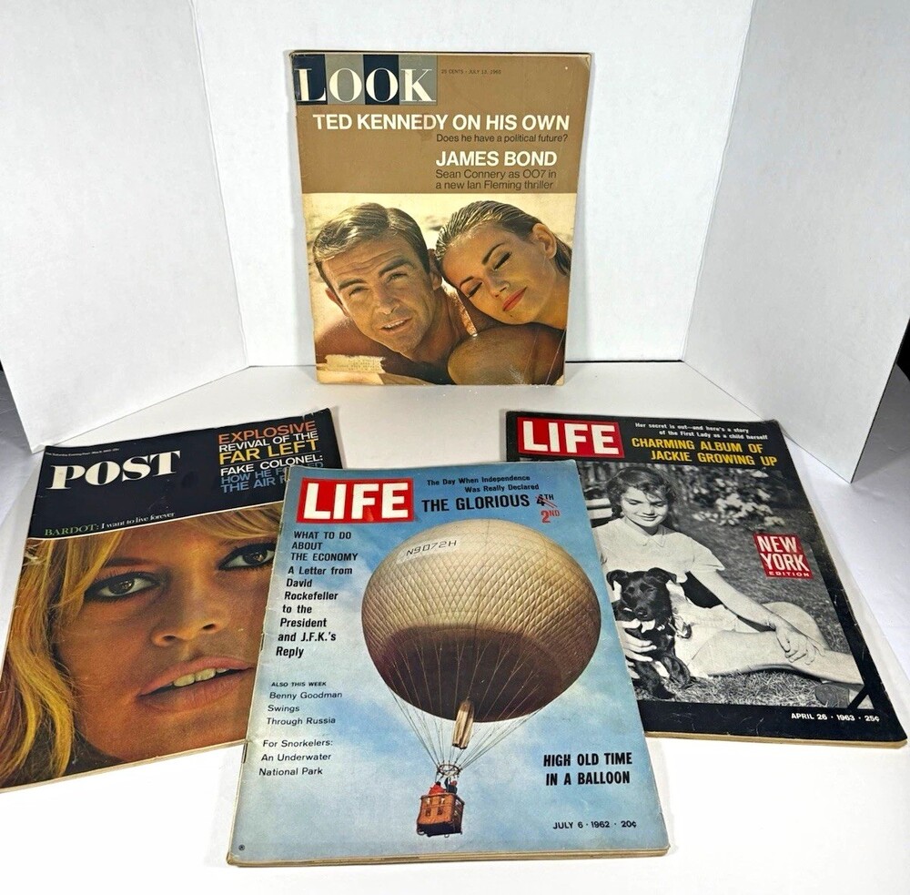 Vintage 1960s Lot of 4 Magazines Life Look Post James Bond Jackie Kennedy
